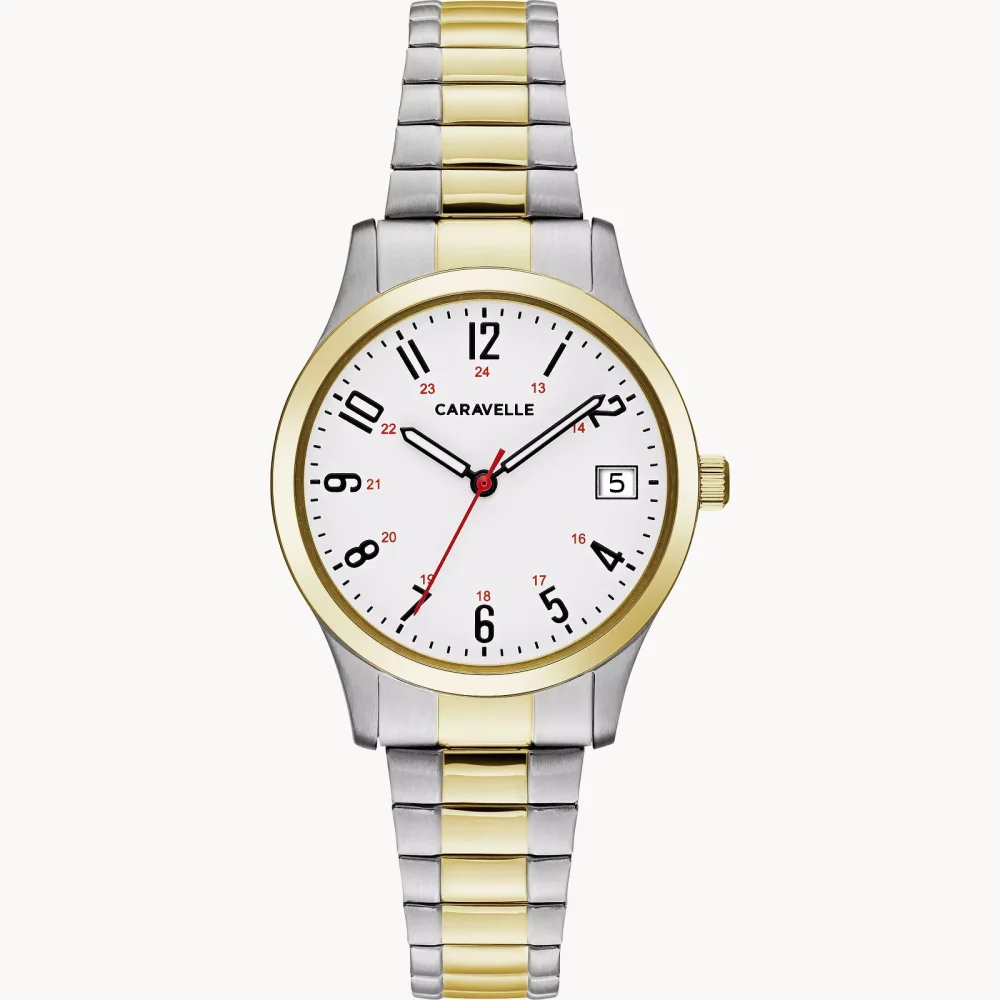 Montre traditionnelle pour femmes de la collection Caravelle® en deux tons avec cadran blanc rond.