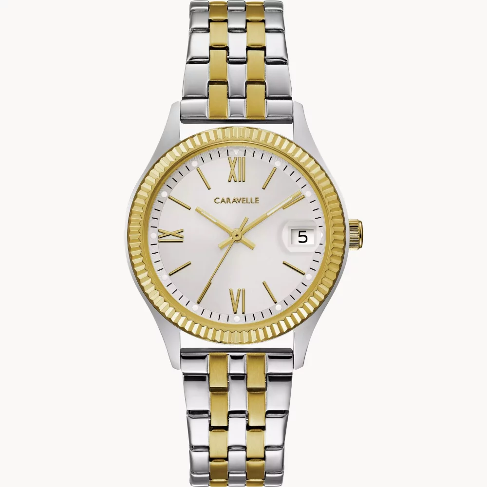 Montre pour femme de la collection Caravelle® avec bracelet bicolore et cadran texturé.