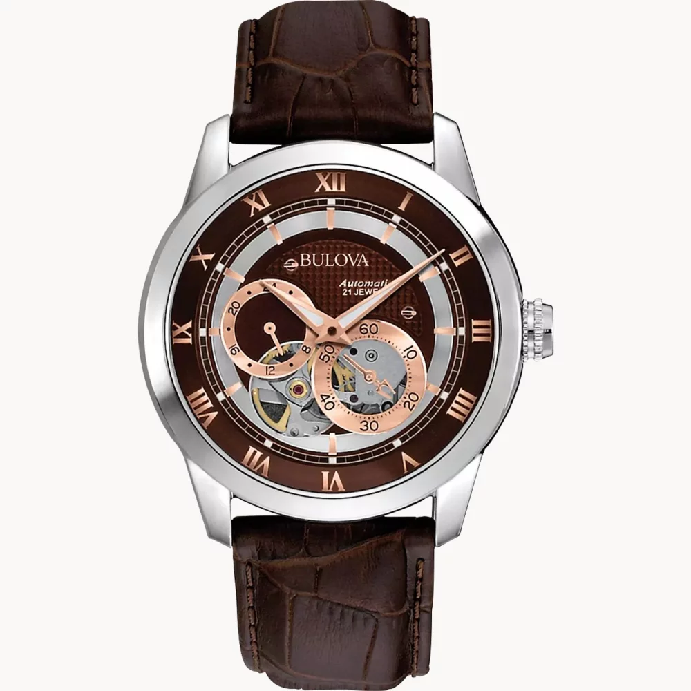 Bulova® Classic Collection Men's Silver Sutton Automatic Watch w/Brown Leather Watch