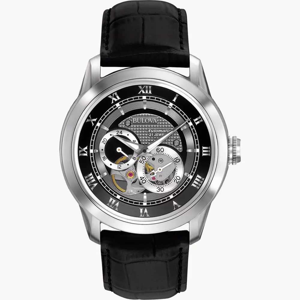 Bulova® Classic Collection Men's Silver Sutton Automatic Watch w/Black Leather Strap