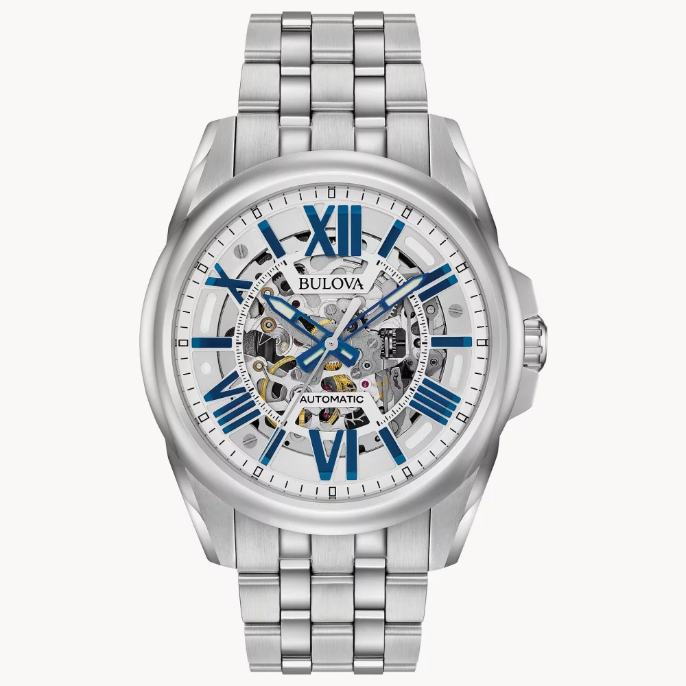 Montre automatique Bulova® Classic Collection pour hommes, modèle Sutton en argent avec accents bleus.