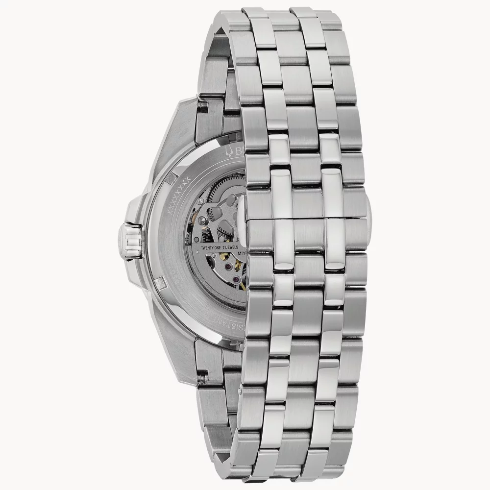 Montre automatique Bulova® Classic Collection pour hommes, modèle Sutton en argent avec accents bleus.