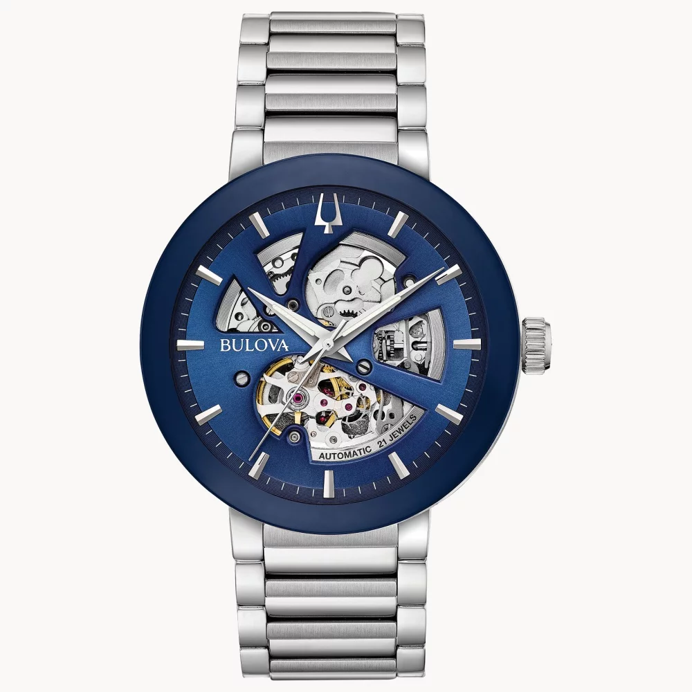 Montre automatique Bulova® Modern Collection pour hommes avec boîtier en argent et cadran à ouverture bleue.
