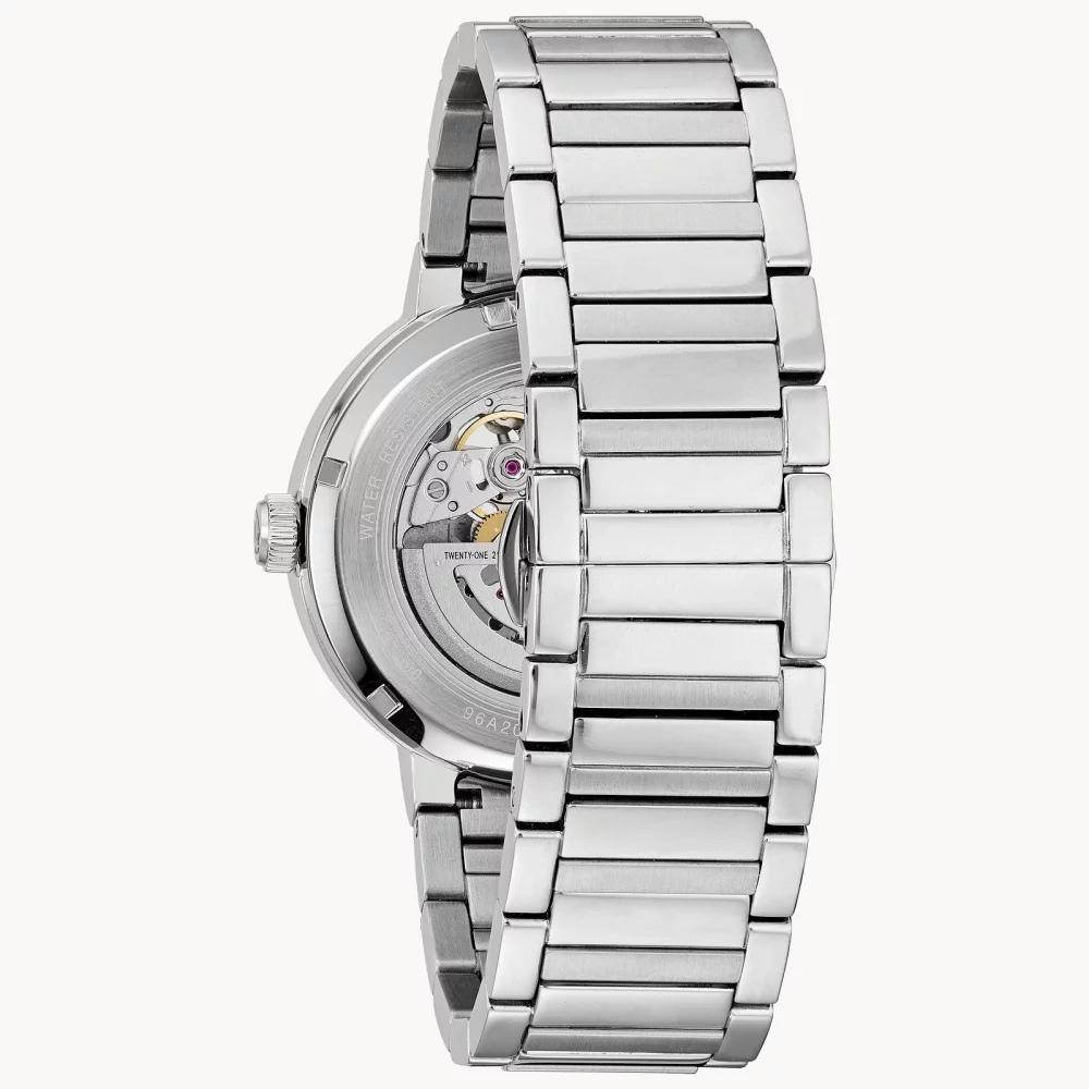 Montre automatique Bulova® Modern Collection pour hommes avec boîtier en argent et cadran à ouverture bleue.