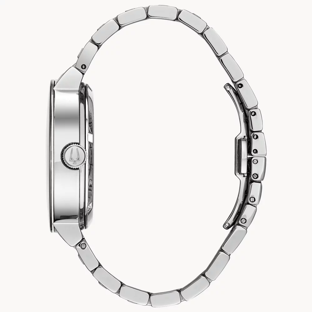 Montre automatique Bulova® Modern Collection pour hommes avec boîtier en argent et cadran à ouverture bleue.