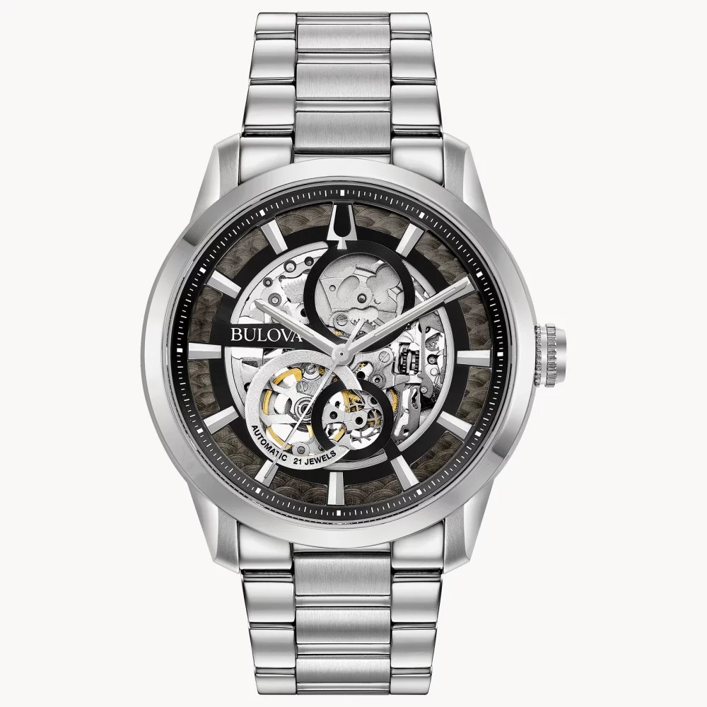 Montre automatique Bulova® Classic Collection pour homme, modèle Sutton en argent avec cadran squelette noir rond.