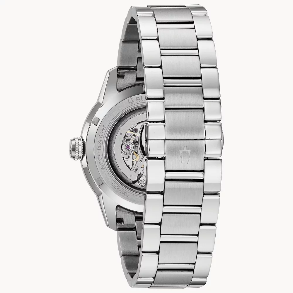 Montre automatique Bulova® Classic Collection pour homme, modèle Sutton en argent avec cadran squelette noir rond.