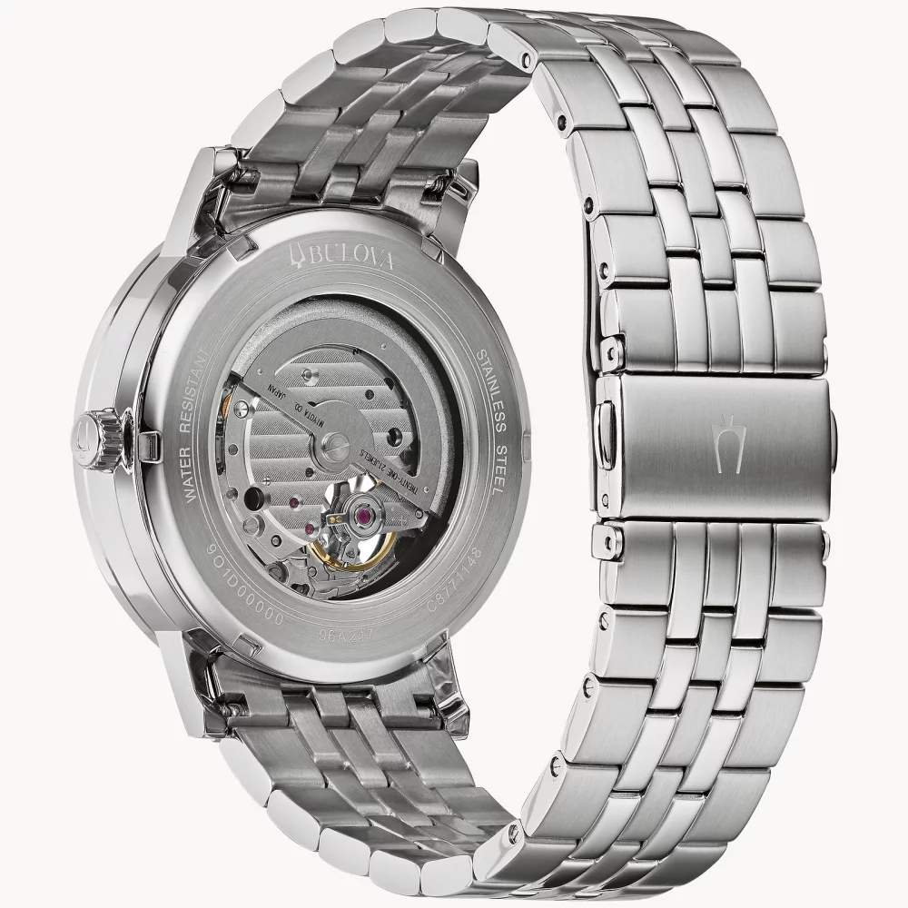 Montre automatique américaine Bulova® Classic Collection pour hommes, bracelet en argent avec cadran à ouverture bleue.