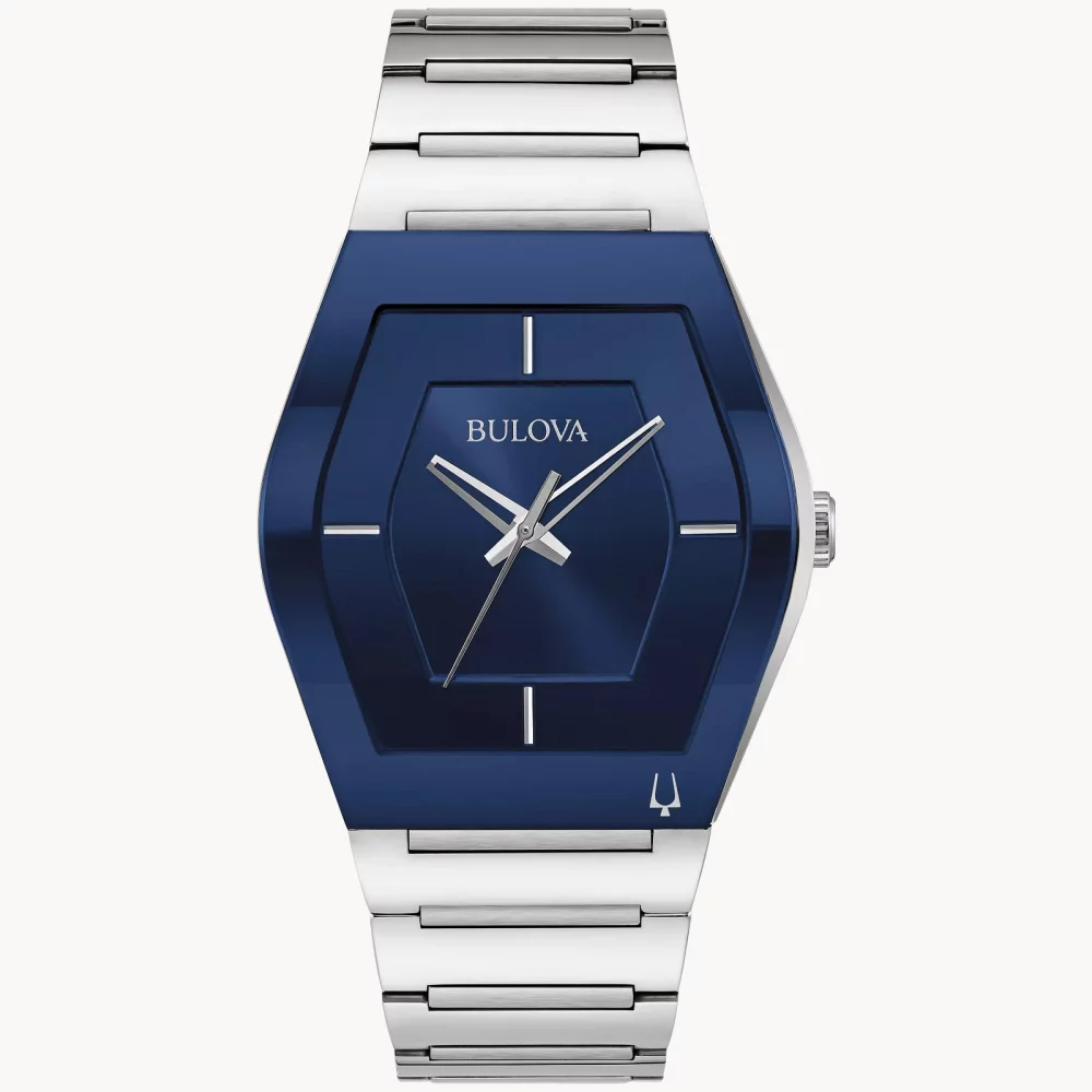 Montre Bulova® Modern Collection pour hommes, modèle Gemini en argent avec cadran tonneau bleu.