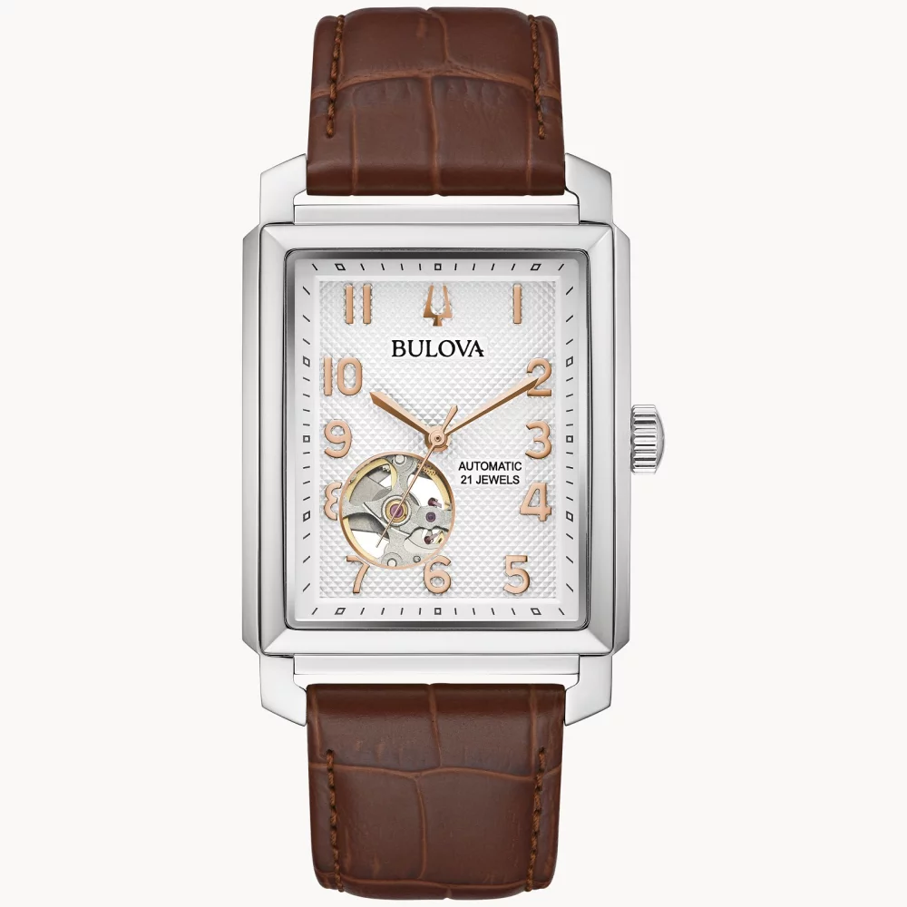 Montre automatique Bulova® Classic Collection pour homme, modèle Sutton en argent avec cadran rectangulaire blanc.