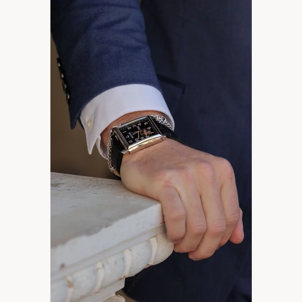 Bulova® Classic Collection Men's Silver Sutton Automatic Watch w/Rectangular Black Dial