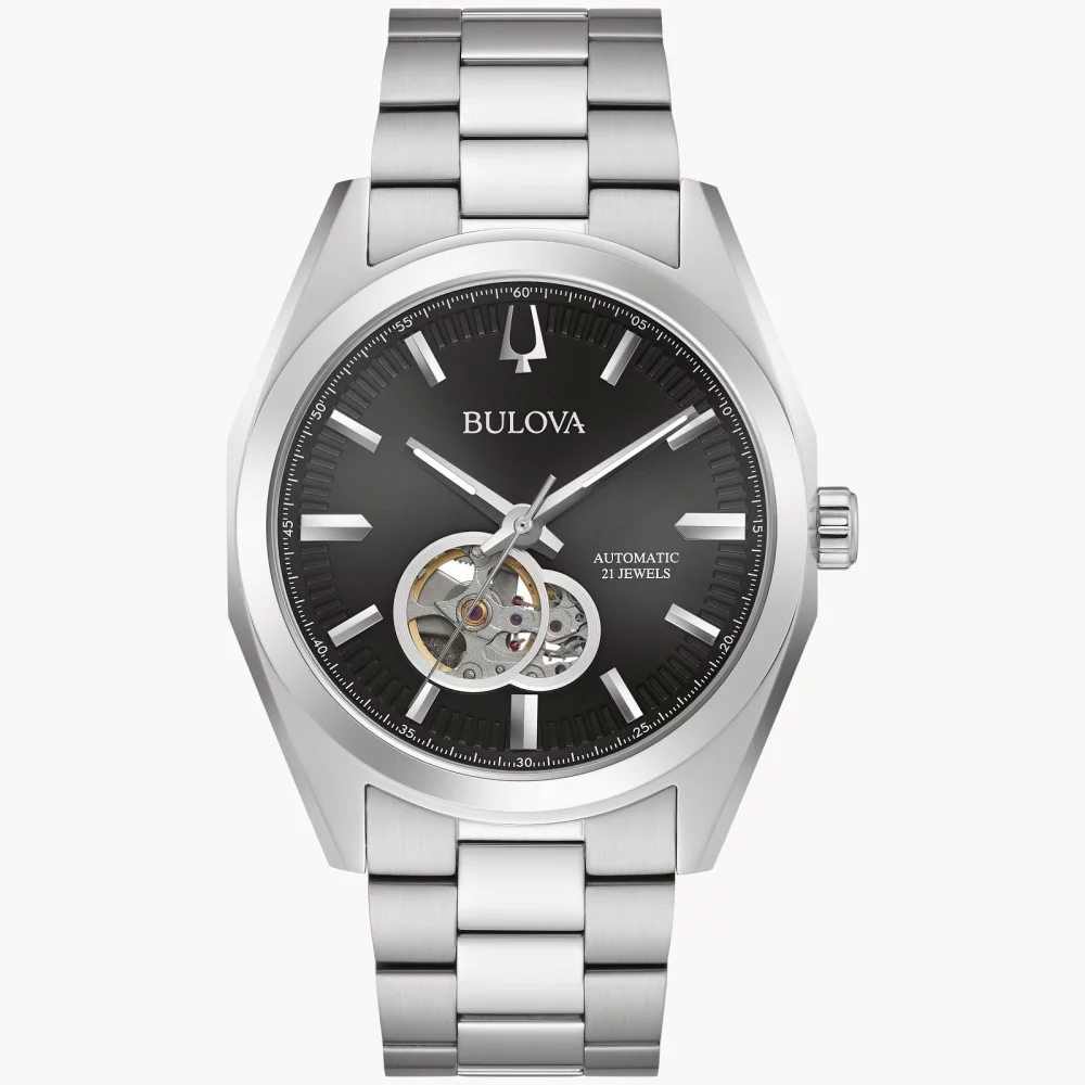 Bulova® Classic Collection Men's Silver Automatic Surveyor Watch w/Black Open Aperture Dial