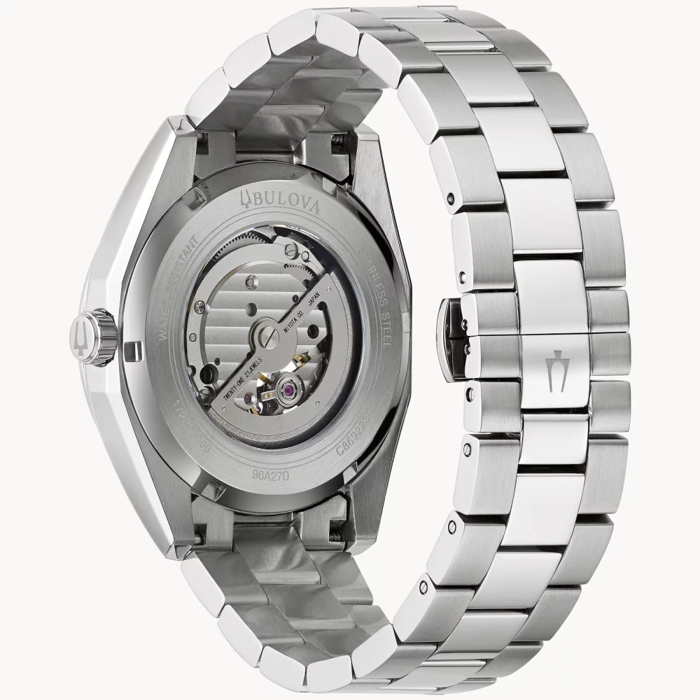 Bulova® Classic Collection Men's Silver Automatic Surveyor Watch w/Black Open Aperture Dial
