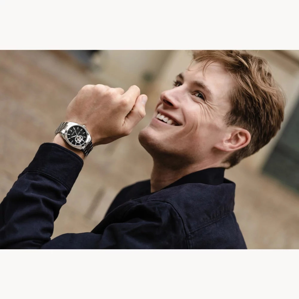 Bulova® Classic Collection Men's Silver Automatic Surveyor Watch w/Black Open Aperture Dial