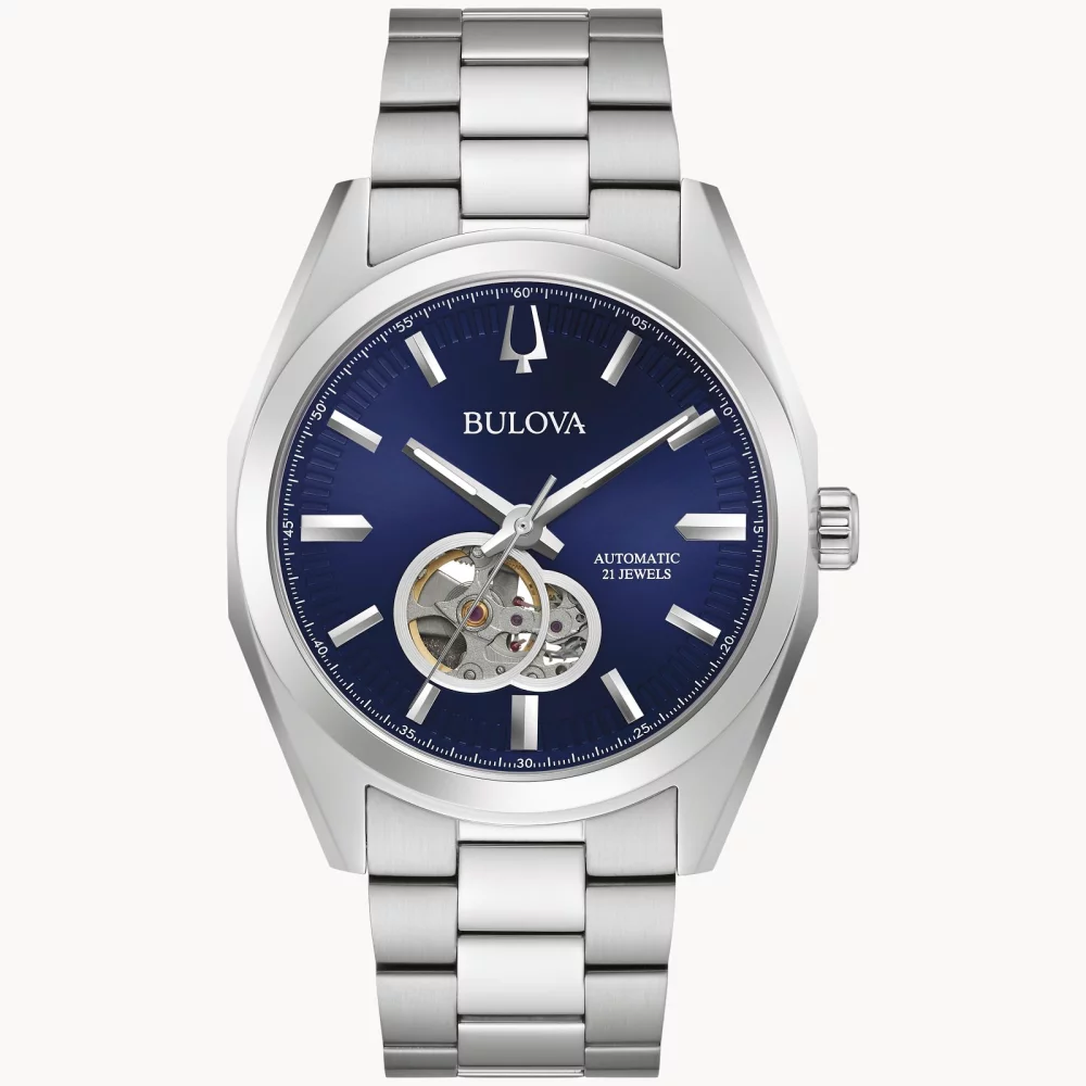 Bulova® Classic Collection Men's Silver Automatic Surveyor Watch w/Blue Open Aperture Dial