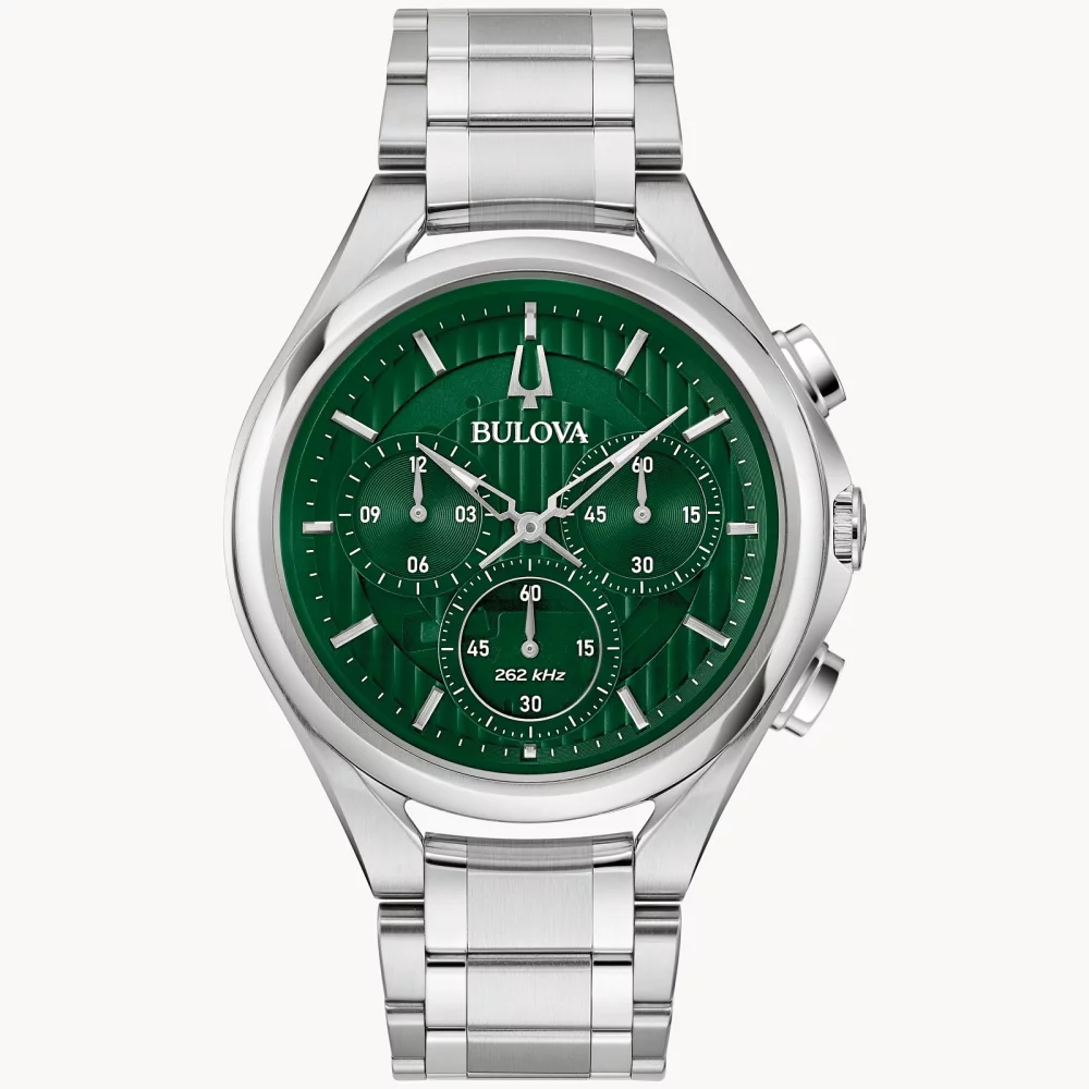 Montre pour homme Bulova® de la collection CURV avec cadran rond vert et bracelet argenté.