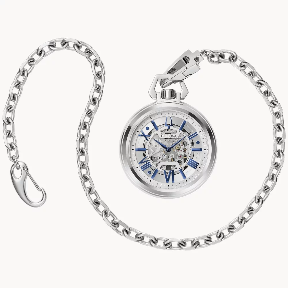 Bulova® Classic Collection Men's Silver Sutton Mechanical Pocket Watch w/Blue Accents