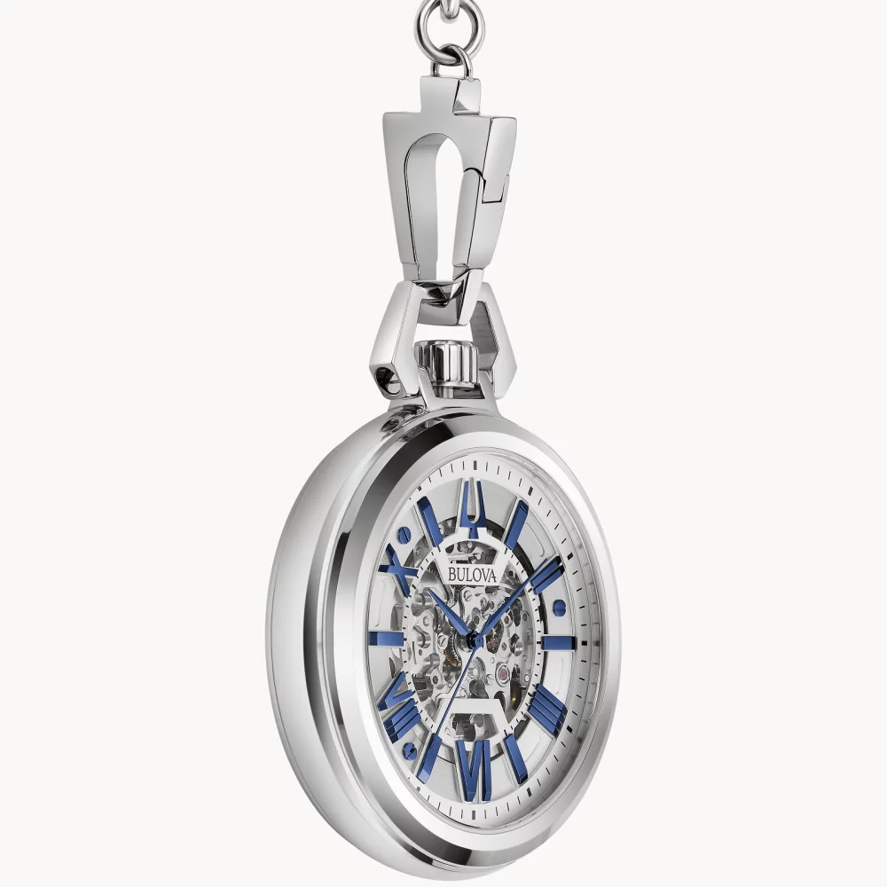 Bulova® Classic Collection Men's Silver Sutton Mechanical Pocket Watch w/Blue Accents