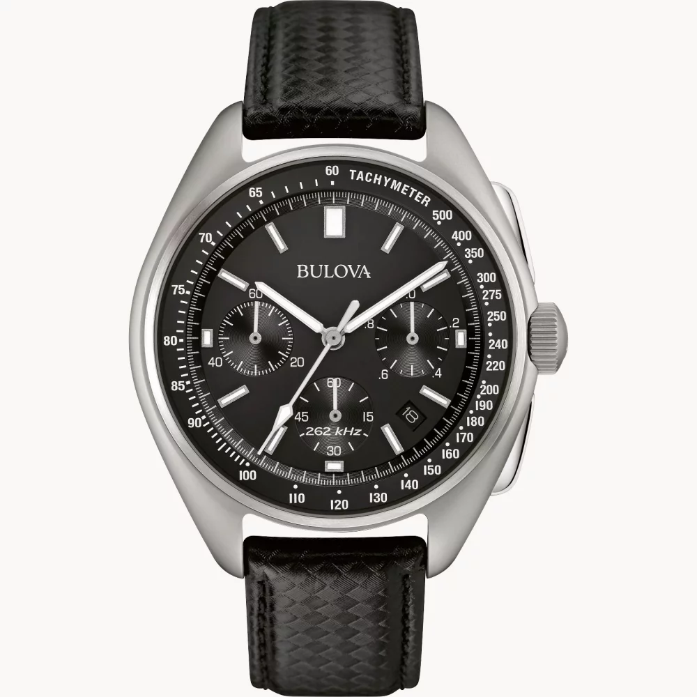 Bulova® Archive Series Men's Silver Lunar Pilot Chronograph Watch w/Black Leather Strap