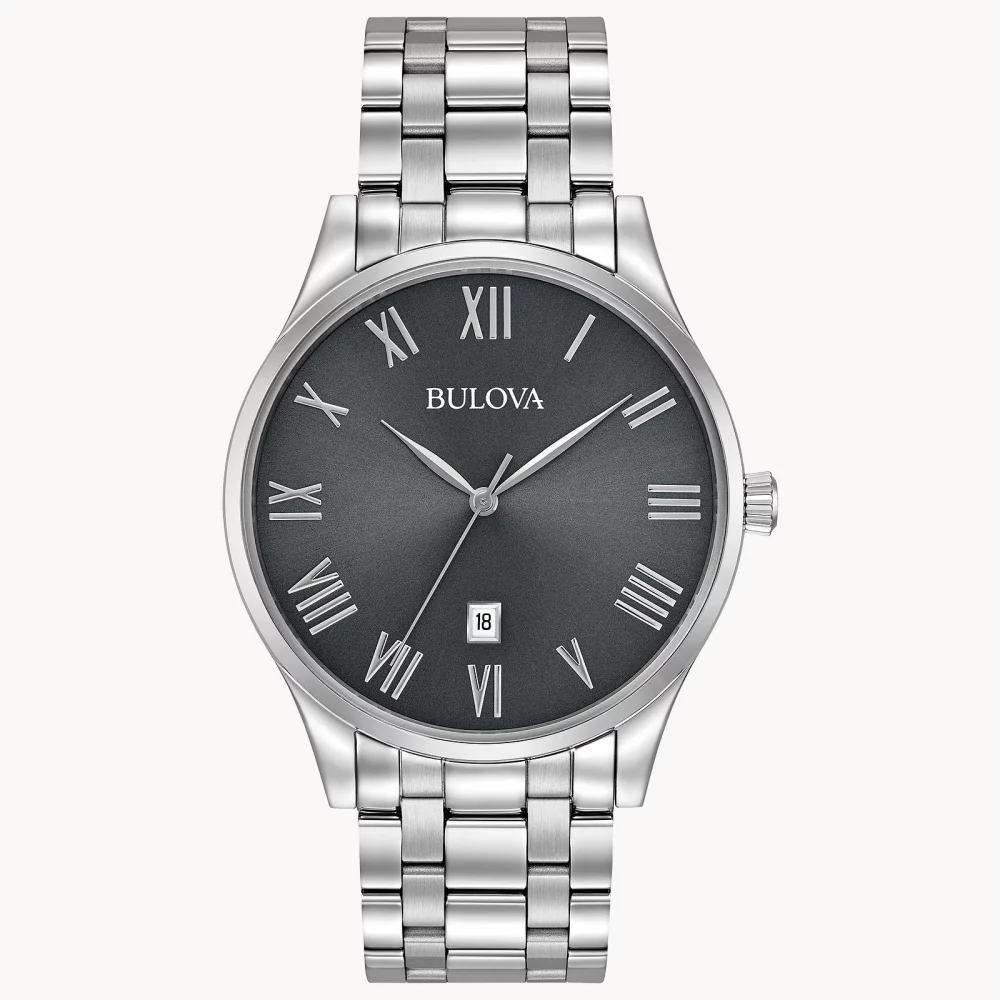 Bulova® Classic Collection Men's Silver Watch w/Round Gun Metal Grey Dial