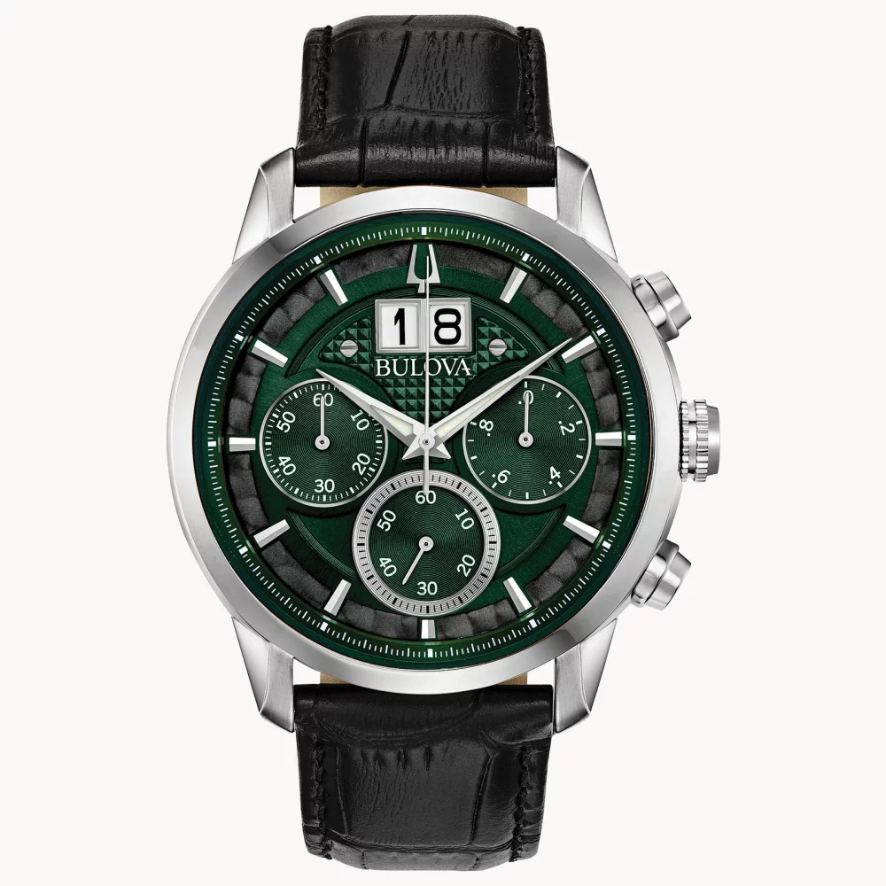 Montre chronographe Bulova® Classic Collection pour hommes Sutton avec cadran rond vert forêt.