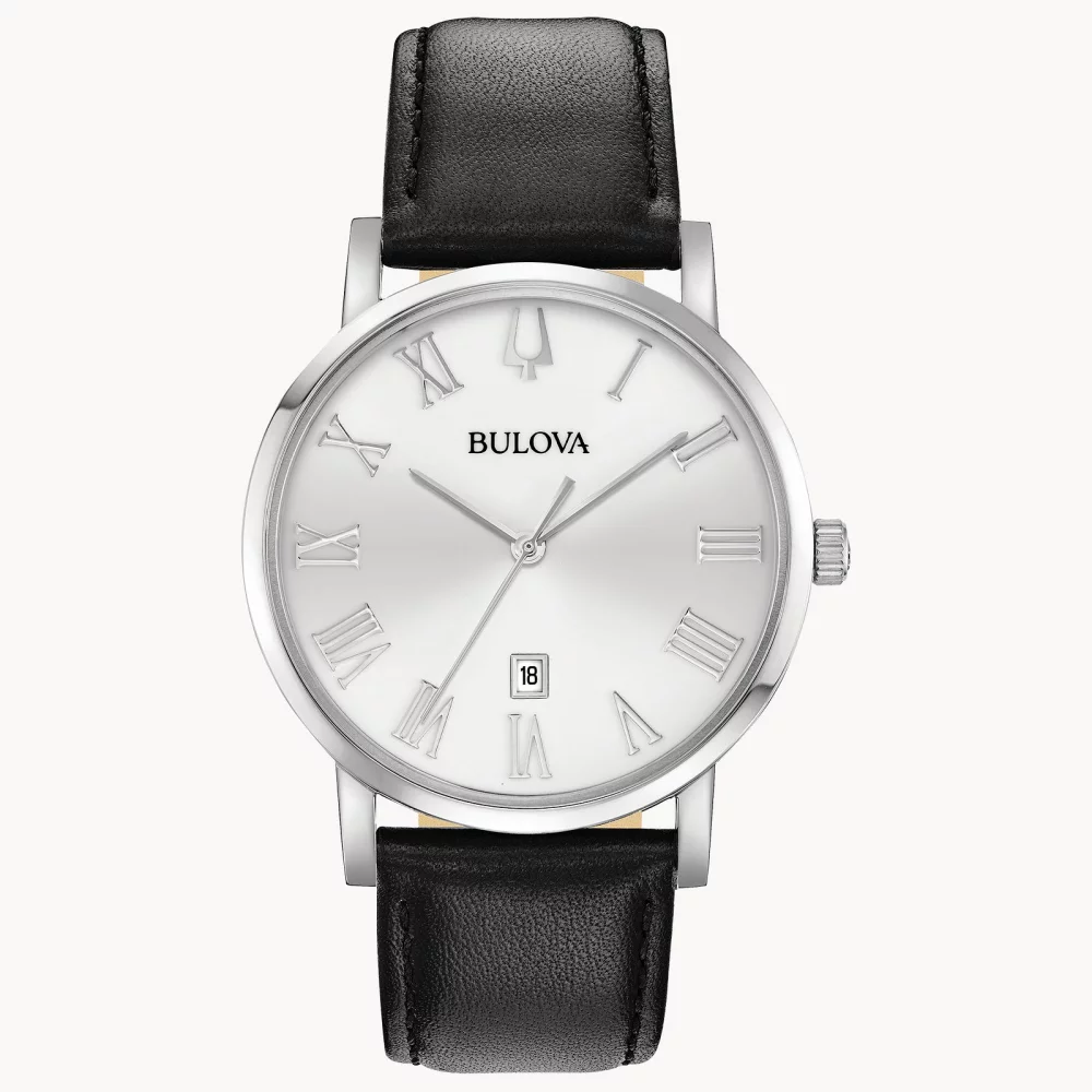 Montre Bulova® Classic Collection pour homme, American Clipper en argent avec bracelet en cuir noir.