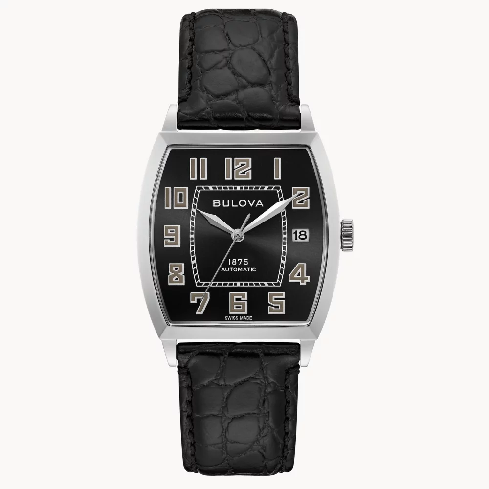 Montre automatique de banquier pour homme de la collection Joseph Bulova® avec cadran noir tonneau en argent.