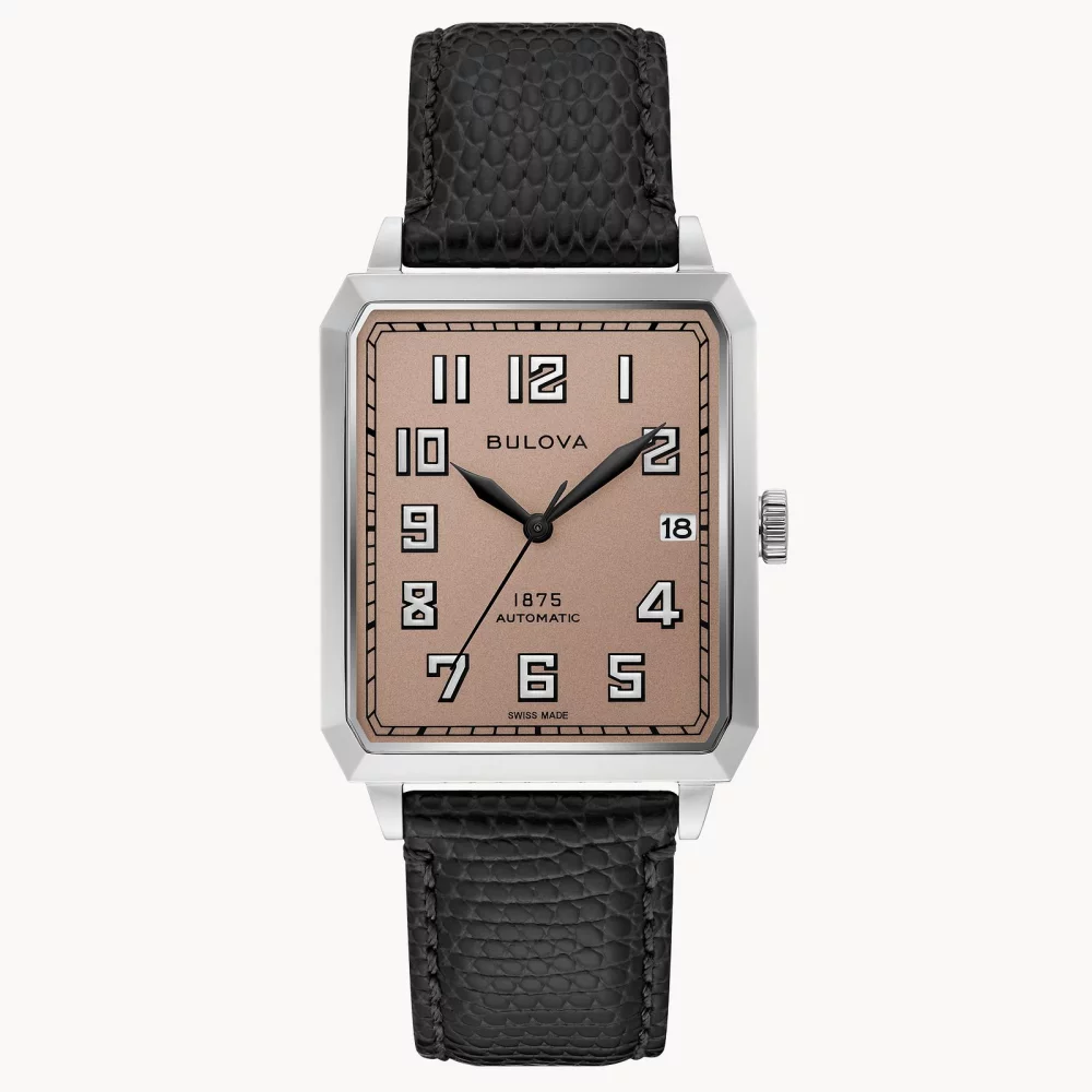 Montre automatique Breton pour homme de la collection Joseph Bulova® avec cadran rectangulaire rose pâle.