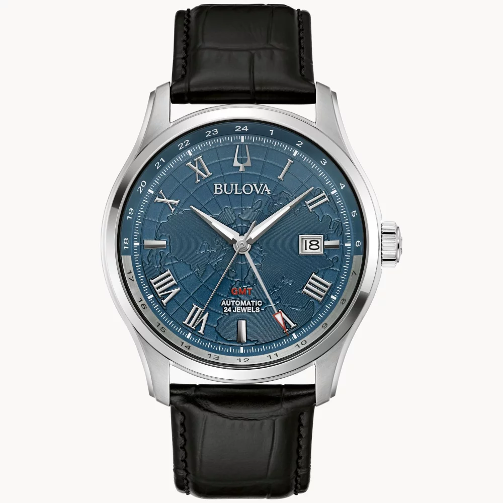 Montre automatique GMT Bulova® Classic Collection pour homme avec cadran argenté et carte du monde