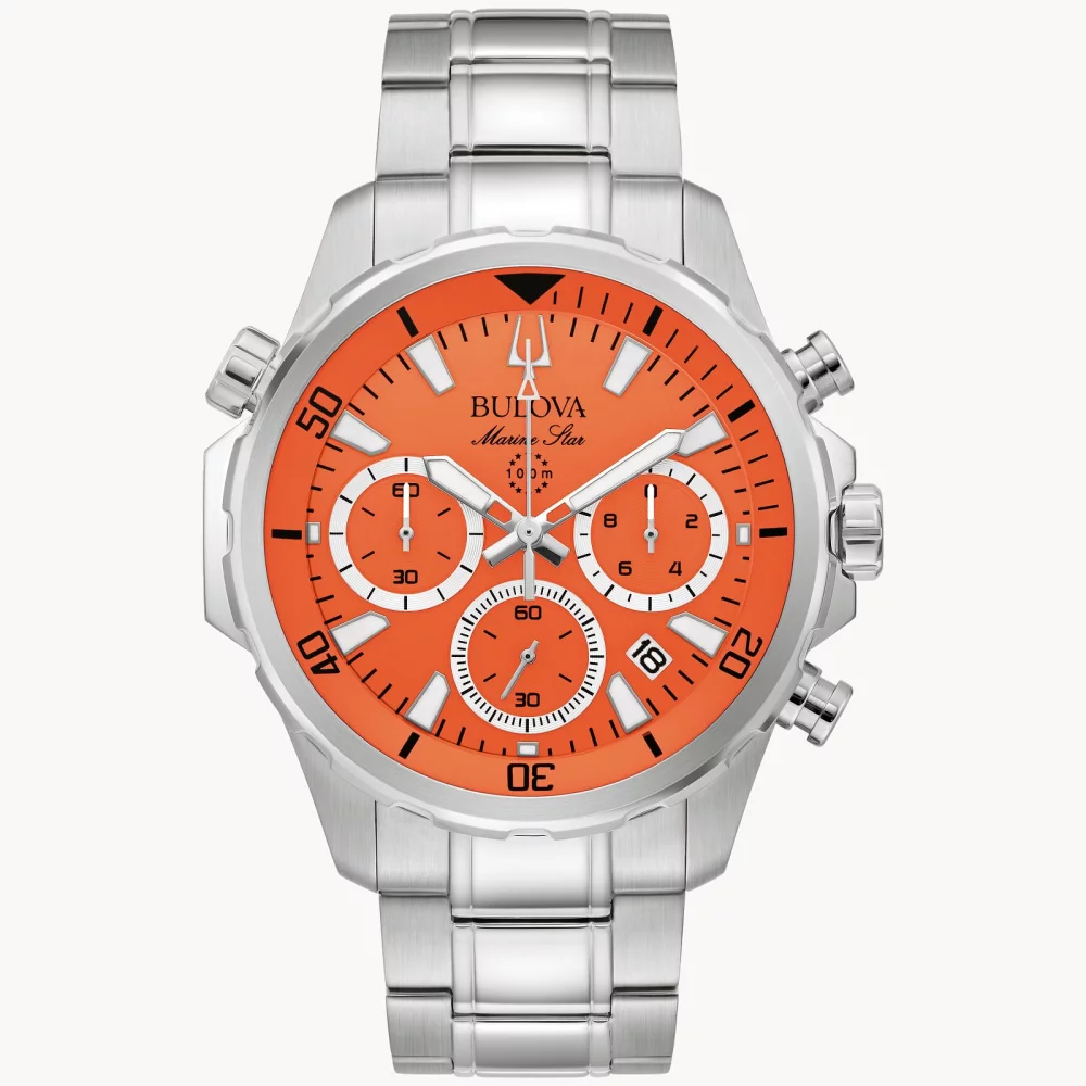 Bulova® Marine Star® Collection Men's Silver Watch w/Round Orange Dial