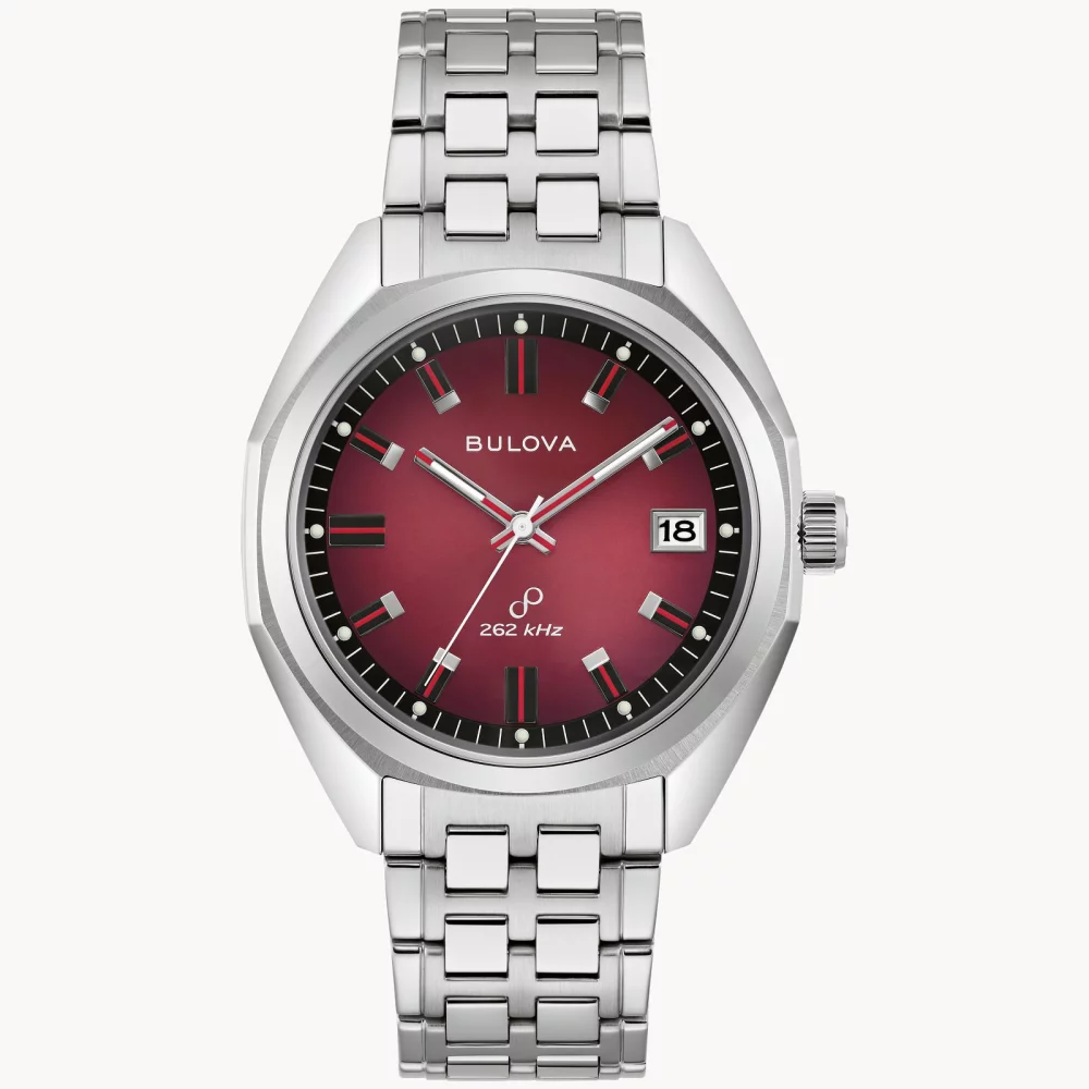Montre Bulova® Classic Collection pour hommes, modèle Silver Jet Star avec cadran rond rouge.