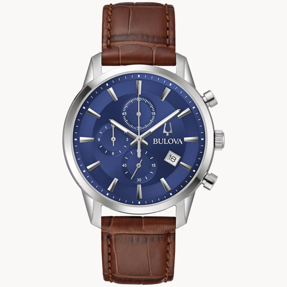 Bulova® Classic Collection Men's Silver Chronograph Sutton Watch w/Brown Leather Strap