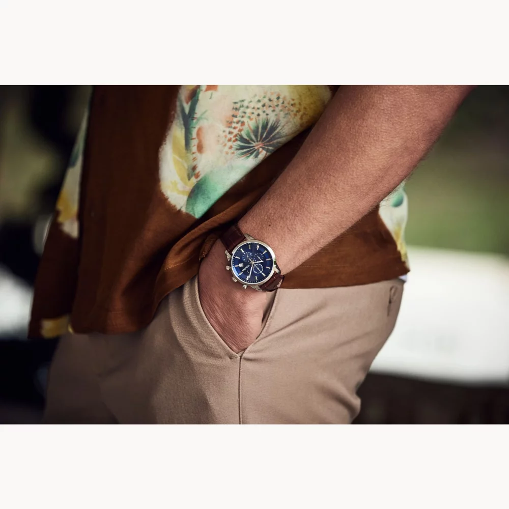 Bulova® Classic Collection Men's Silver Chronograph Sutton Watch w/Brown Leather Strap