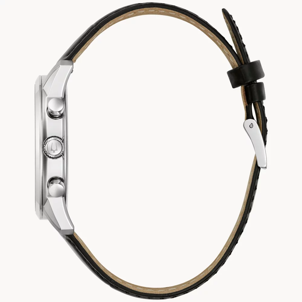 Bulova® Classic Collection Men's Silver Chronograph Sutton Watch w/Black Leather Strap