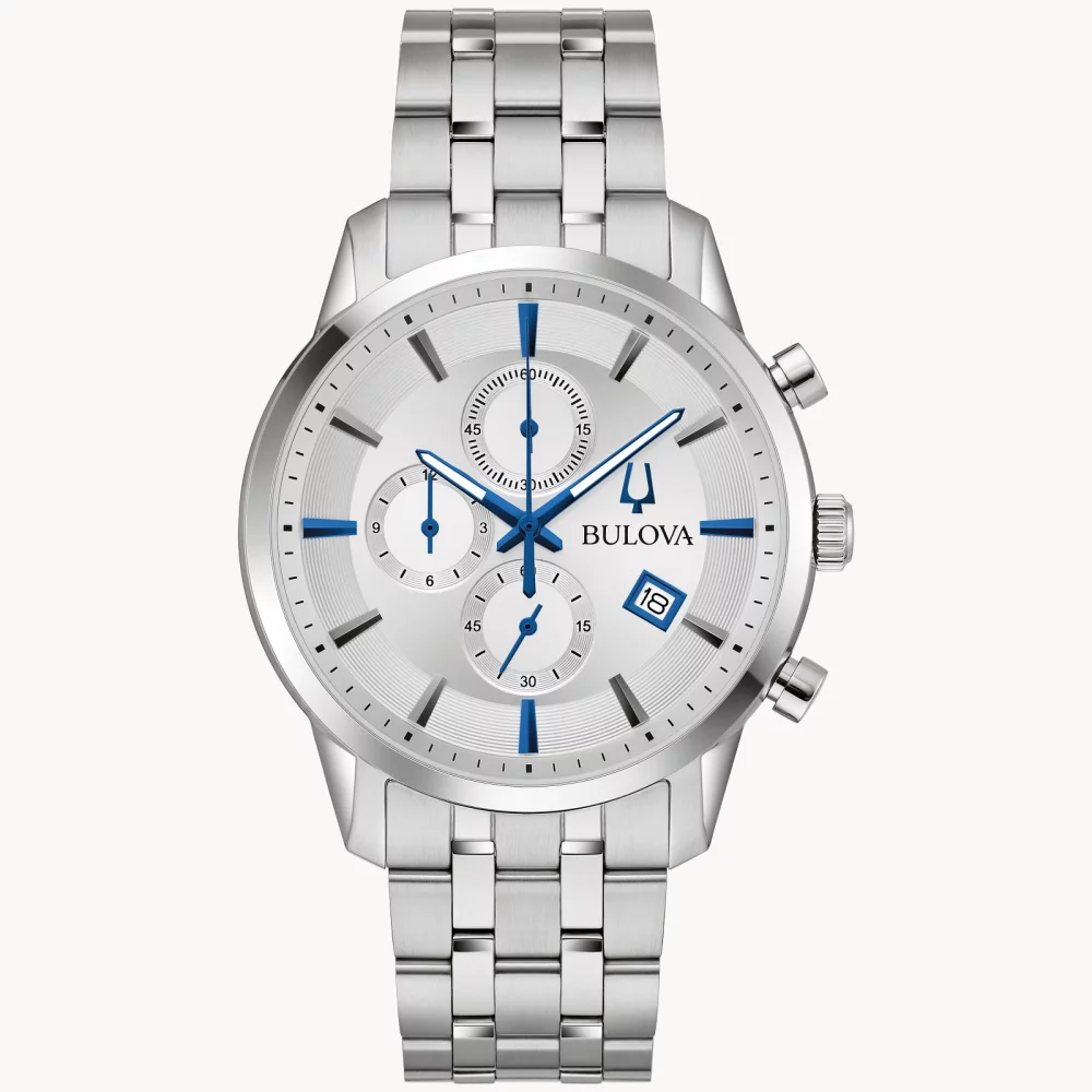 Bulova® Classic Collection Men's Silver Chronograph Sutton Watch w/Blue Accent