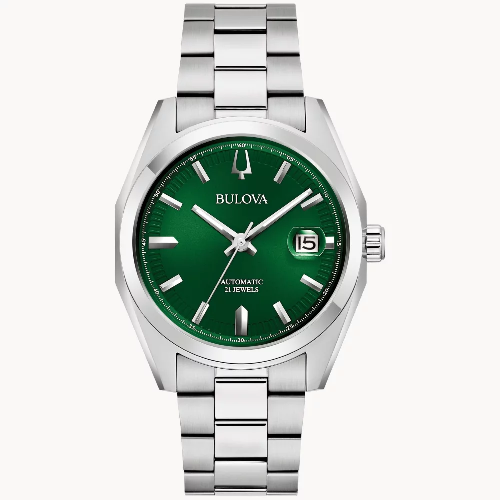 Bulova® Classic Collection Men's Silver Automatic Surveyor Watch w/Round Green Dial