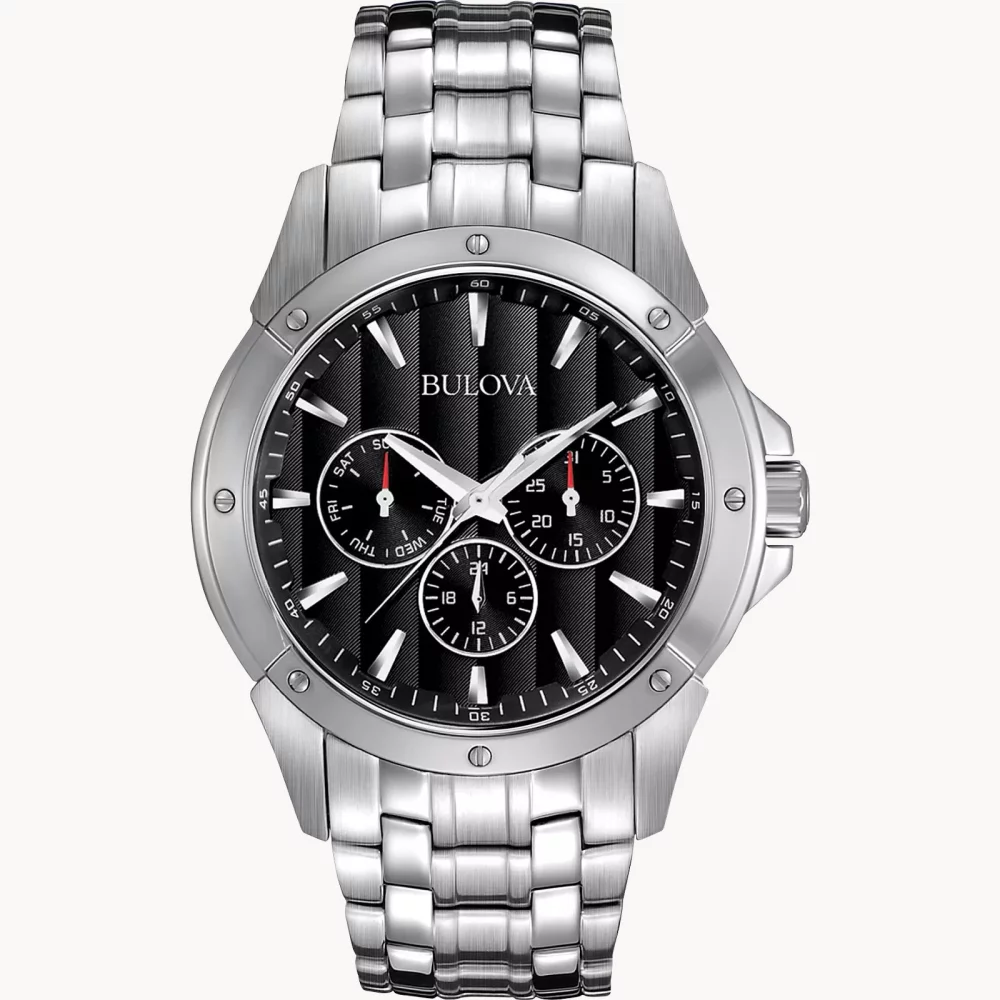 Bulova® Classic Collection Men's Silver Watch w/Round Black Patterned Dial