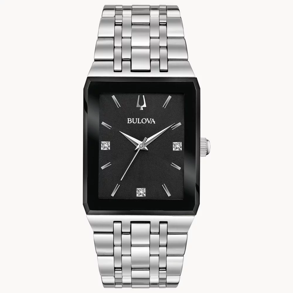 Bulova® Modern Collection Men's Silver Quadra Watch w/Rectangular Black Dial