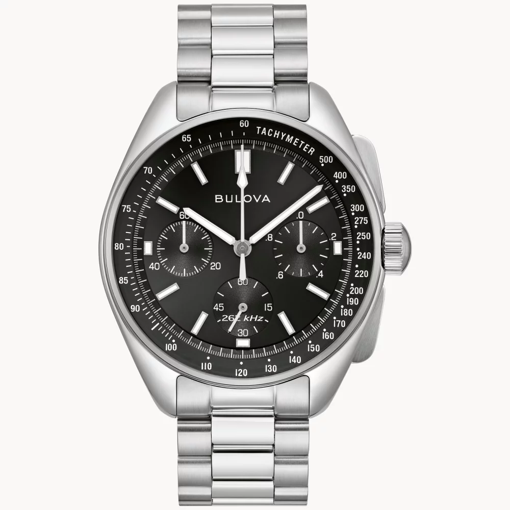 Bulova® Archive Series Men's Silver Lunar Pilot Chronograph Watch w/Black Leather Strap