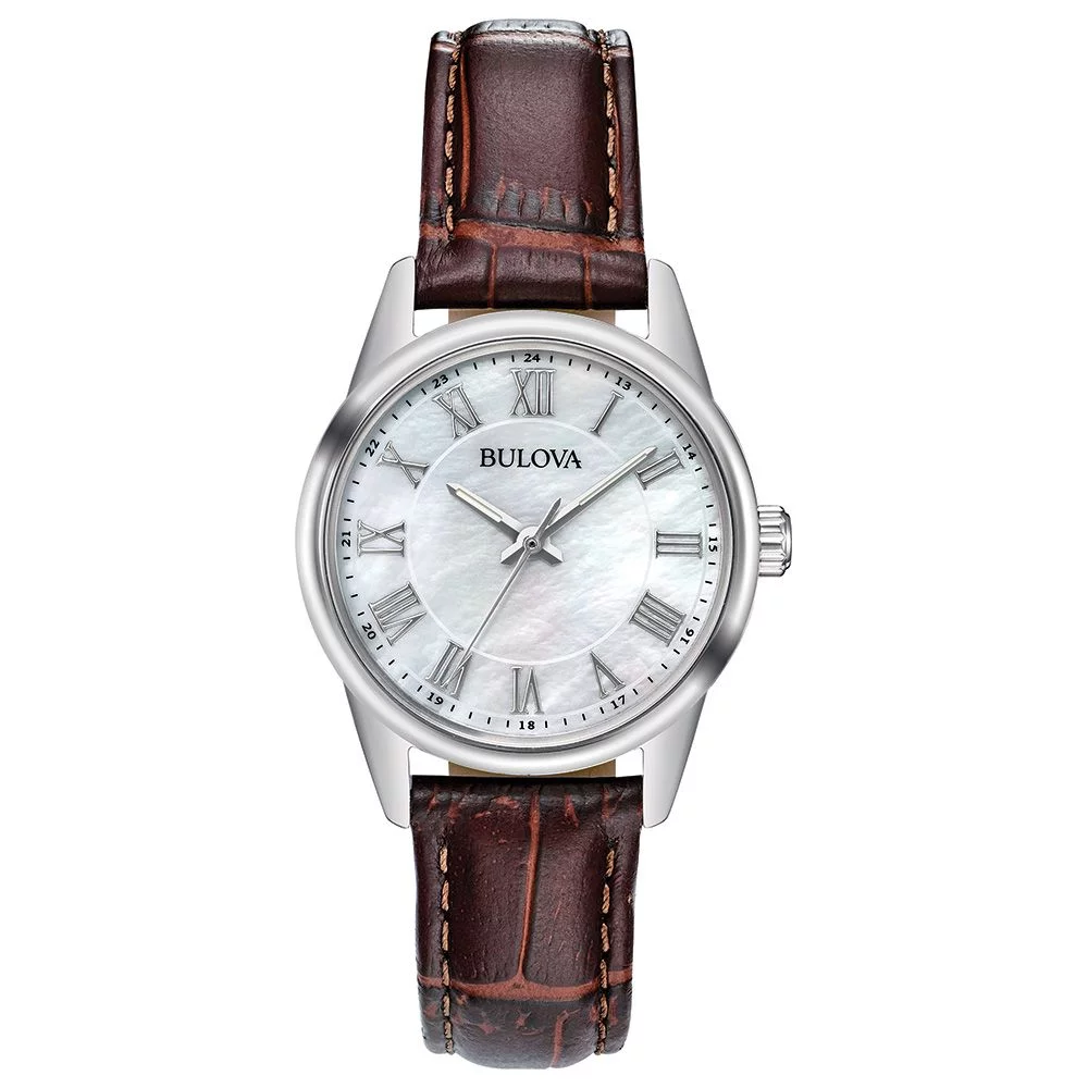 Montre en cuir marron pour femme de la collection Corporate de Bulova® avec cadran rond en nacre soleillée.