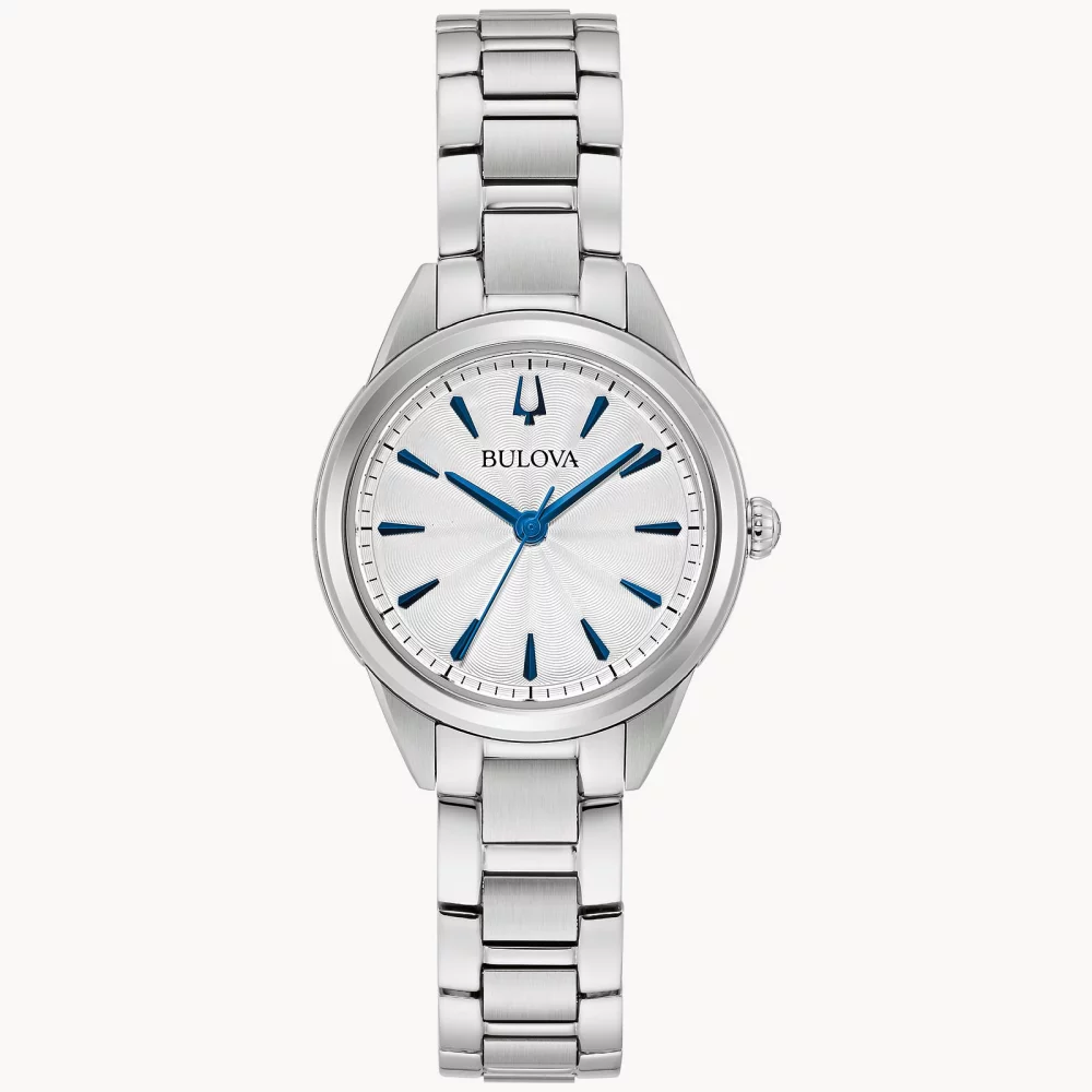 Montre Bulova® Classic Collection pour femmes, modèle Sutton en argent avec des accents bleus.