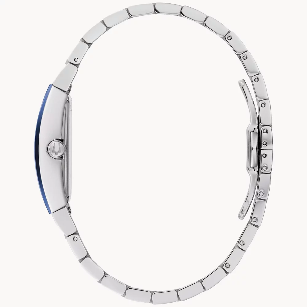 Montre Bulova® Modern Collection pour femme, modèle Gemini en argent avec cadran tonneau bleu.