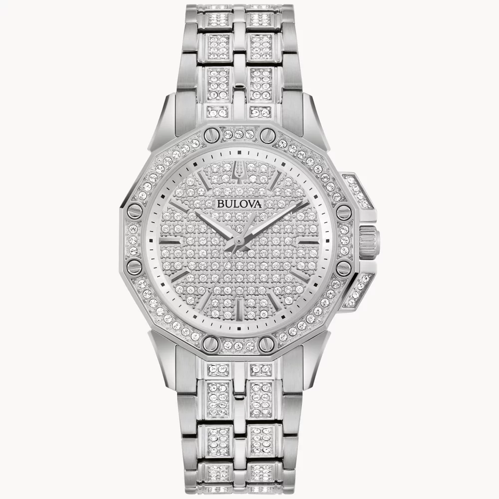 Montre Bulova® Crystal Collection Octava pour femmes en argent avec cadran rond en cristal.