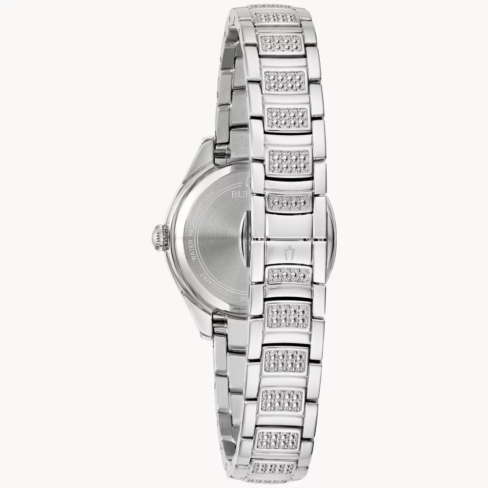 Bulova® Crystal Collection Women's Silver Watch w/Patterned Mother Of Pearl Dial
