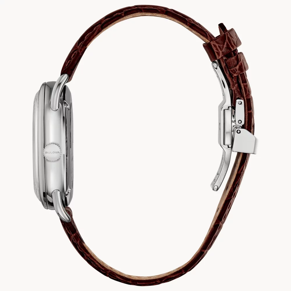 Montre automatique Commodore pour femme de la collection Joseph Bulova® avec bracelet en cuir argenté.
