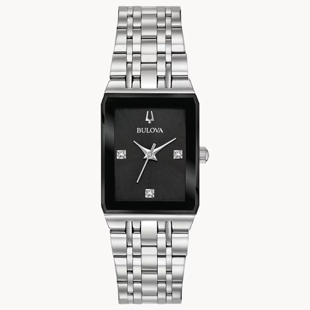Montre Bulova® Modern Collection pour femmes avec boîtier argenté et cadran rectangulaire noir