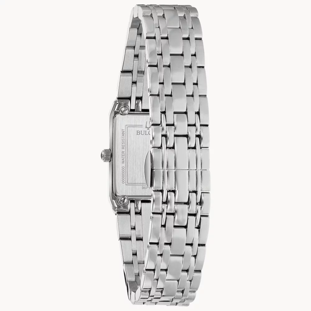 Montre Bulova® Modern Collection pour femmes avec boîtier argenté et cadran rectangulaire noir