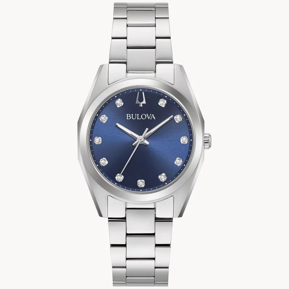 Montre Bulova® Classic Collection pour femmes, modèle Surveyor en argent avec cadran rond bleu.