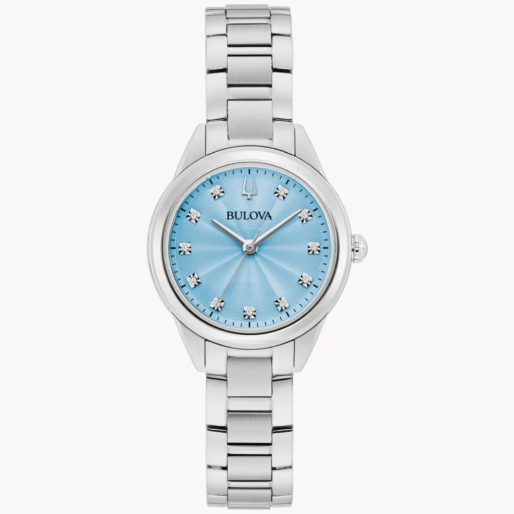 Montre Bulova® Classic Collection pour femmes, modèle Sutton en argent avec cadran rond bleu pastel.