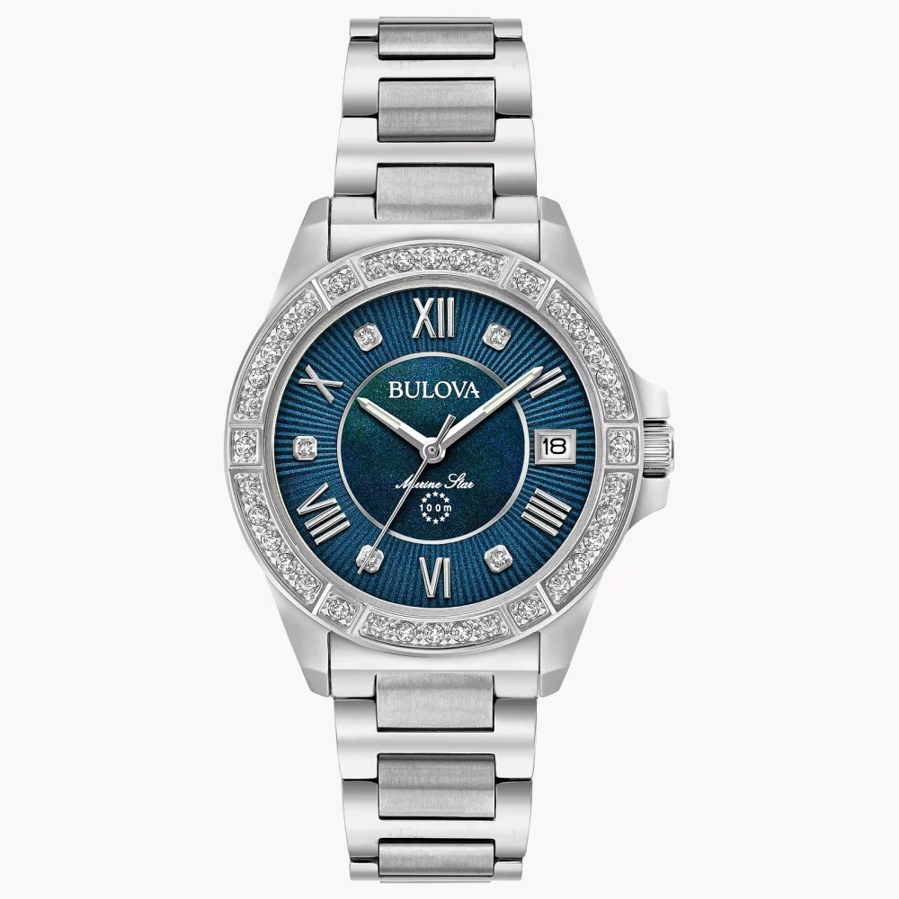 Bulova® Marine Star® Collection Women's Silver Watch w/Blue Mother Of Pearl Dial
